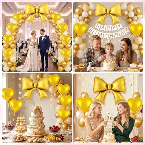 Image of 12 Pcs 18 Inch Heart Balloons and 38 Inch Bow Balloons, Large Foil Bow Heart Balloon Bow Party Decorations for Birthday Baby Shower Valentines Wedding Party