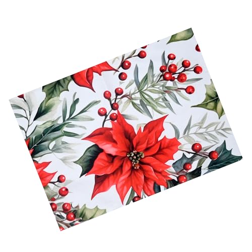 Image of Dining Table Mats Set of 6 - Red Flower Chritmas Magic Theme,Digital Print, Washable, Indoor /Outdoor, Heat-Proof, Wipe & Clean (47X33 cm) Red & Green