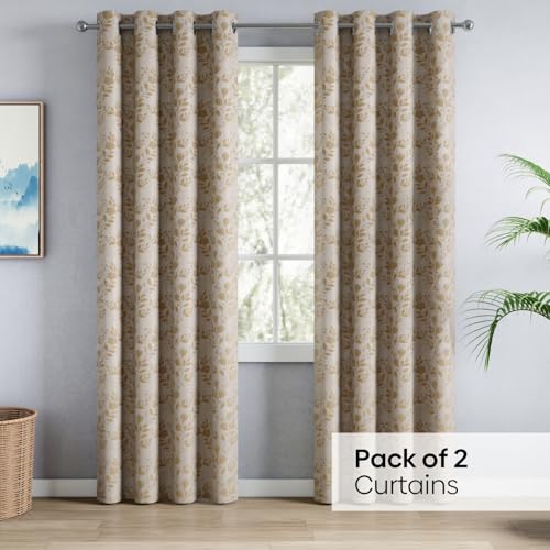 Image of haus & kinder Jacquard Door Curtains 7 Feet Long Pack of 2 Door Curtains, 7 Feet Curtains for Door (Leaf Meadow, Lemon 130x213 CM)
