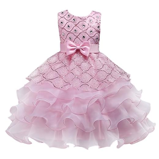 IBTOM CASTLE Enfant Fille Robe Cérémonie Longue avec Strass Faux Perles Robe Princesse Costume Habillée de Soirée Mariage Demoiselle d'honneur Baptême Fête Anniversaire Cocktail 3-4 Ans Rose