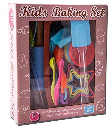 Riki's Kingdom Kids Real Baking Set With Recipes 39-Piece / Loaf Pan / Cupcake/Muffin Cups/Accessories/Decorating Kit Family Fun Diy Desserts, Cookie Cutters, Gift Giving Box #TOP6