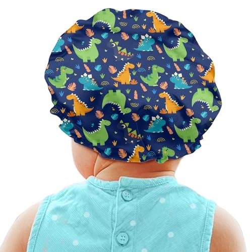 Image of Kids Satin Bonnet for Sleeping Cap with Elastic Wide Band Head Hair Cover, Cute Dinosaur Blue Night Sleep Caps Indoor Elastic Sleeping Beanie Headwear Night Hat for Toddler Baby