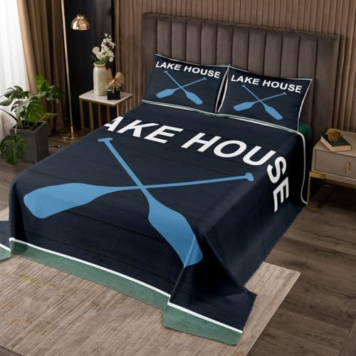 Blue Boating Oar Coverlet Set Chic Rustic Lake House Quilted Coverlet Dark Blue Barn Board Comforter Set Bedspreads Quilt Set for Children Kids Coverlet Set,Twin Size 2 Pcs