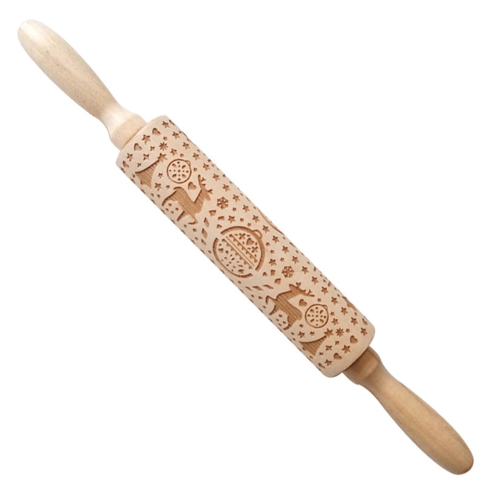Rodillo de estampado，Patrón de rodillo， Rodillo de madera con impresión navideña, rodillo tallado de madera en relieve, alce, copo de nieve, árbol de Navidad, muñeco de nieve, galleta(Violet)