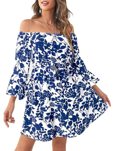Image of Off Shoulder Ruffle Dress for Women, A-Line Mini Dress with Belt, Fitted Bust Summer Wedding Guest Dress