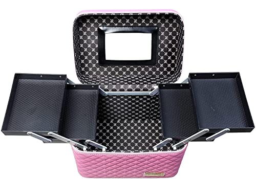 Image of Sooyee Makeup Bag Cosmetic Bag with Mirror, 4 Layer Foldable Tray Makeup Organizer Open to the Sides, Makeup Travel Bag for Women, Train Case, Pink