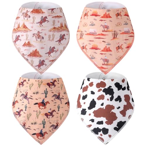 VitalCozy 4 Pcs Western Cowboy Baby Bandana Bib Cotton Newborn Infant Feeding Drool Bib for Drooling and Teething Girl Boy