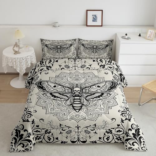Image of Feelyou Boys Girls Gothic Decor Comforter Set Twin Size, Death Moth Skull Bedding Set Kids Boho Damask Duvet Insert Teens Bedroom Decor Bed Set 2Pcs