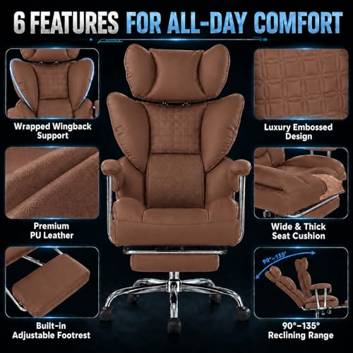Image of Big and Tall Office Chair 350 LBS, Scratch-Resistant PU Leather Executive Office Desk Chair with Footrest, Ergonomic Reclining Computer Chair with Pocket Spring Support for Home Office, Brown