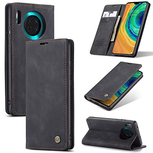 CaseMe Cuero Funda Compatible con Huawei Mate 30,Ranuras para Tarjetas Soporte,Vintage Cierre Magnético Capa Plegable Cartera,Tapa Carcasa para Huawei Mate 30, Negro
