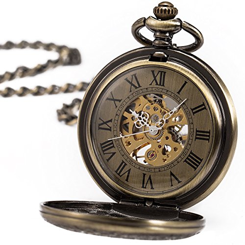 Image of ManChDa Pocket Watch Retro Smooth Classic Mechanical Hand-Wind Pocket Watch Steampunk Roman Numerals Fob Watch for Men Women with Chain + Box