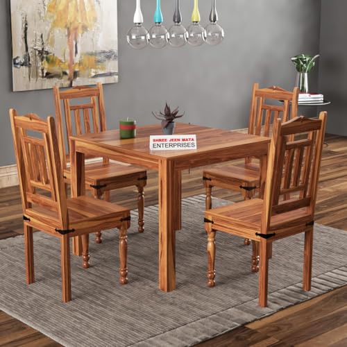 Image of Sheesham Wooden 4 Seater Dining Table with Chairs Dining Set for Dining Room - Wooden Dining Table 4 Seater Modern Dining Table Set of 4 for Hotel Restaurant (Design 22)