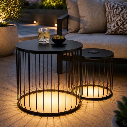 2-Pack Solar Powered Outdoor Side Tables with Warm LED Lights Round Nesting End Tables Matte Black Metal Wire Cage Patio Accent Table Set Weather Resistant No Assembly for Balcony Porch