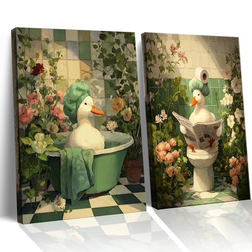 Image of Frimeeme Duck Green Botanical Bathtub Canvas Wall Art,12x16 Inch