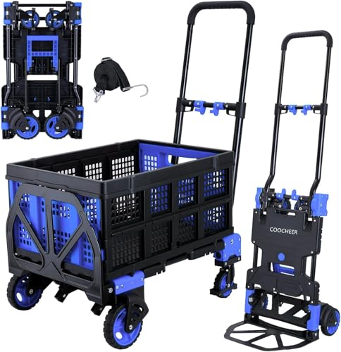 Image of 330lbs Hand Truck with Folding Basket, 2-in-1 Aluminum Foldable Dolly Cart | Converts to 2 & 4 Wheel Platform Truck, 5 inch Solid Rubber Wheels, 3-Level Retractable Handle for Moving, Travel, Office(Blue)