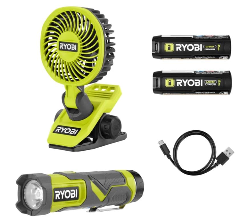 RYOBI USB Lithium 2-Tool Cordless Combo Kit Flashlight Personal Clip On Fan