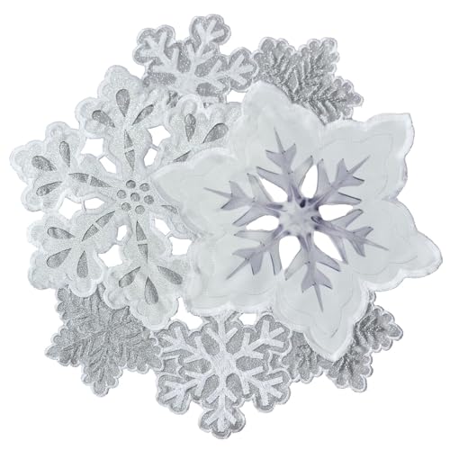 Grelucgo Machine Embroidered and Hand Cut Silver Grey and White Snowflakes Round Table Doily Placemats for Christmas Holiday (Round 16 inches (4 Pieces))