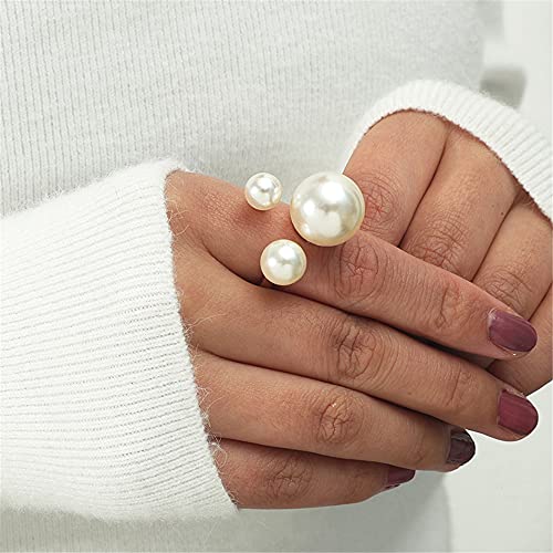 3 Pearls Promise Ring for Women Girls Gold Plated Statement Expandable Adjustable Big Pearl Ball Open Band Wrap Rings Comfort Fit Engagement Wedding Jewelry Size 7-92