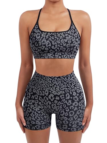 Image of SUUKSESS Women Seamless Workout Sets Strappy Sports Bra High Waist Booty Shorts Outfits