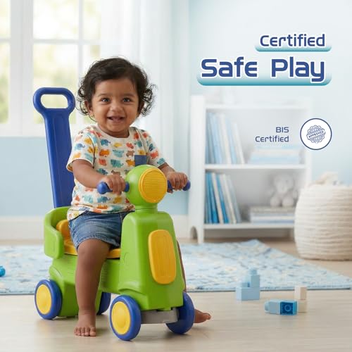 Image of Amazon Brand - Jam & Honey Toddler Scooter Ride-On with Parental Handle | 18+ Months | Wide Wheels for Stability | Ergonomic Seat | BIS Certified | Green & Blue