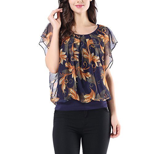 Womens Printed Flouncing Flared Short Sleeve Pleated Front Mesh Blouse Top Shirt