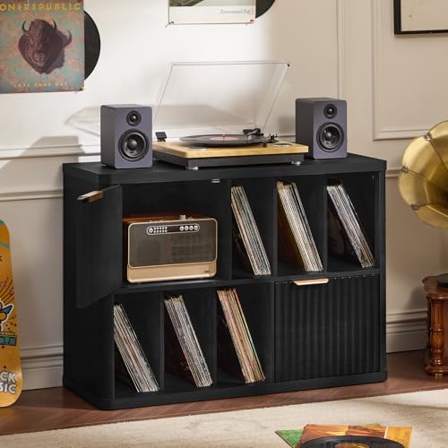 Image of LEYAOYAO Large Record Player Stand with Vinyl Storage Up to 450 Albums, Wood Fluted Boho Record Storage Accent Cabinet, Modern Stereo Media Cabinets, Wide Turntable Stand for Living Room, Black Oak