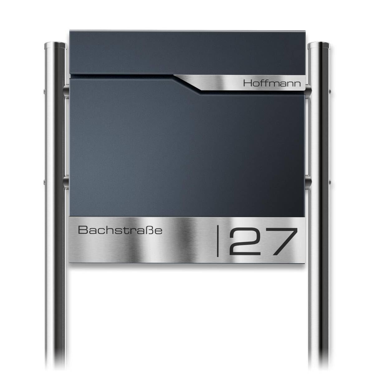 Metzler Boîte aux Lettres sur Pied Anthracite avec Compartiment journaux – Plaque Nominative INOX personnalisée – Design Moderne, Acier thermolaqué étanche et résistant | Siebert