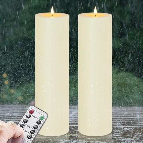 Zevanor 10CM x 35CM Flammenlose wasserdichte LED-Kerzen mit Fernbedienung, Timer Funktion Batteriebetrieben Flackernde große Kunststoff Elfenbein Outdoor-Kerzen (Langlebige 420 Stunden, 2 Stück)
