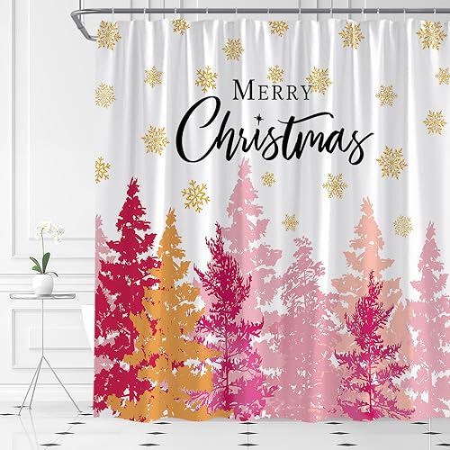 AMFD Merry Christmas Shower Curtain Pink Xmas Tree Gold Snowflake Winter Holiday Happy New Year Fabric Bathroom Curtain Set with Hooks(70" WX70 H)