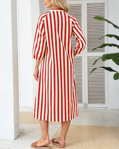 Image of YEXPINE Women Summer Striped Button Down Long Maxi Dress Loose Fit 3 /4 Sleeve Cotton Caftan Shirt Dress with Pocket