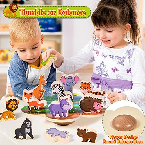 Atoylink Animals Stacking Toys Montessori Wooden Toys Balancing Games with Flower Wobbly Board Building Blocks Educational Early Development Toys Toddlers Gifts for Kids Boys Girls 3 4 5 6 7 8+ Years