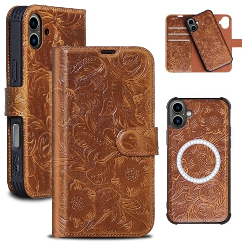 RMAWRAD Leather Case compatibler iPhone 16 Plus Wallet 6.7,Genuine Leather 2-in-1 Magnetic Detachable Shockproof Case,Flip Folio Cover with Card Slot, Wireless Charging RFID Blocking Brown