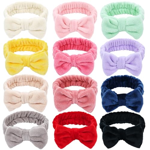 Dizila 12 Pack Solid Super Soft Stretchy Flannel Big Bow Headbands for Washing Face Makeup Shower Skin Care Spa Hair Bands Headwraps for Women Girls Teens