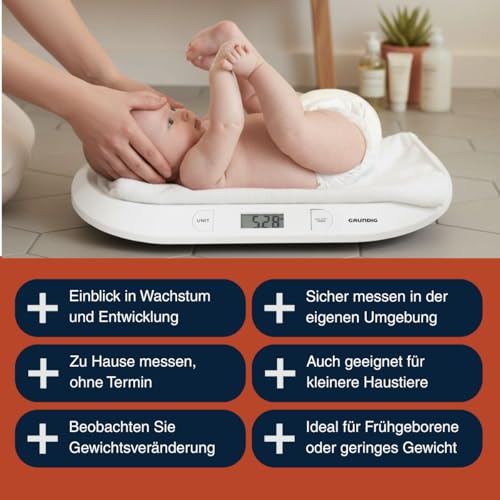 Grundig Babywaage Digital - Waage Max. 20 Kg - Personenwaage mit LED Anzeige - Baby Waage mit Tarafunktion und Display - Inkl. Batterien - Weiß