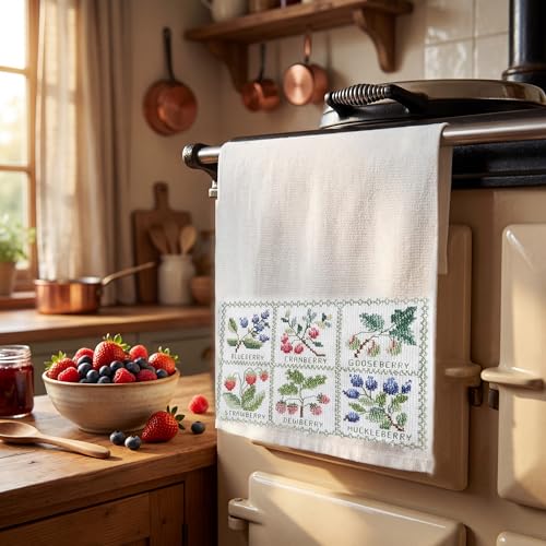 Image of LEISURE ARTS Dual Ended Huck and Aida Tea Towel Cross Stitch Kit, Berry Sampler, Cotton Towel, with Swedish Weave and Cross Stitch Panels