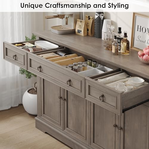 FINETONES-Buffet-Cabinet-with-Storage-551-Large-Sideboard-Buffet-Cabinet-White-Kitchen-Cabinet-with-3-Drawers-and-4-Doors-Wood-Coffee-Bar-Cabinet-for-Kitchen-Dining-Room-Ash-Grey FINETONES Buffet Cabinet with Storage 551 Large Sideboard Buffet Cabinet White Kitchen Cabinet with 3 Drawers and 4 Doors Wood Coffee Bar Cabinet for Kitchen Dining Room Ash Grey