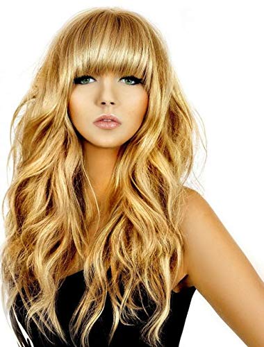 Long Wavy Synthetic Wigs with Bangs, Middle Part Fake Scalp Loose Curly Wig for Women Colorful Natural Looking Heat Resistant Replacement Wig for Daily and Costume (Blonde)…