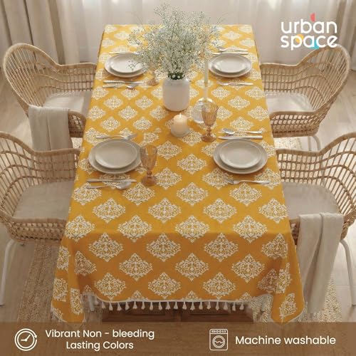 Image of Urban Space 100% Cotton Dining Table Cover 6 Seater, Printed Cotton Table Cloth for Center Table Boho Tassels (6 Seater- 48 inch x 92 inch, Mustard)