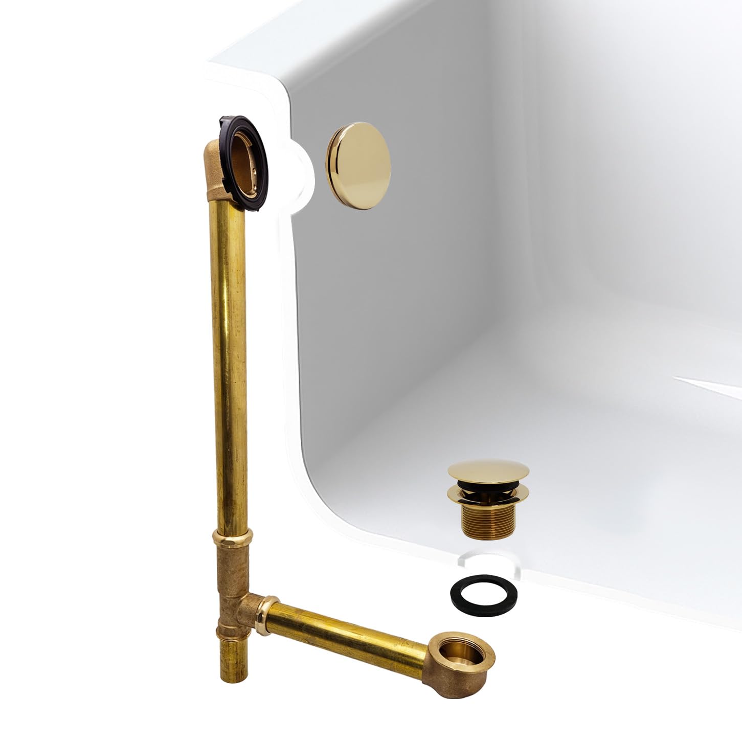 Westbrass A326H-01 - Gruppo di scarico e troppopieno in ottone da 55,9 cm, con tappo di scarico europeo a punta e piastra frontale illusionaria, ottone lucido