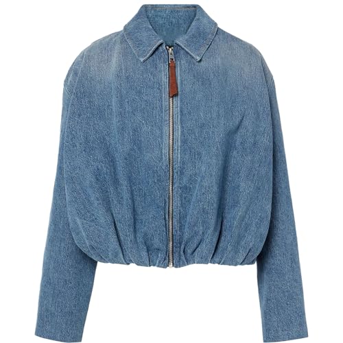Women's Denim Jacket Draped Loose Fit Zip-Up Collared Casual Bomber Style Coat Lightweight Outerwear