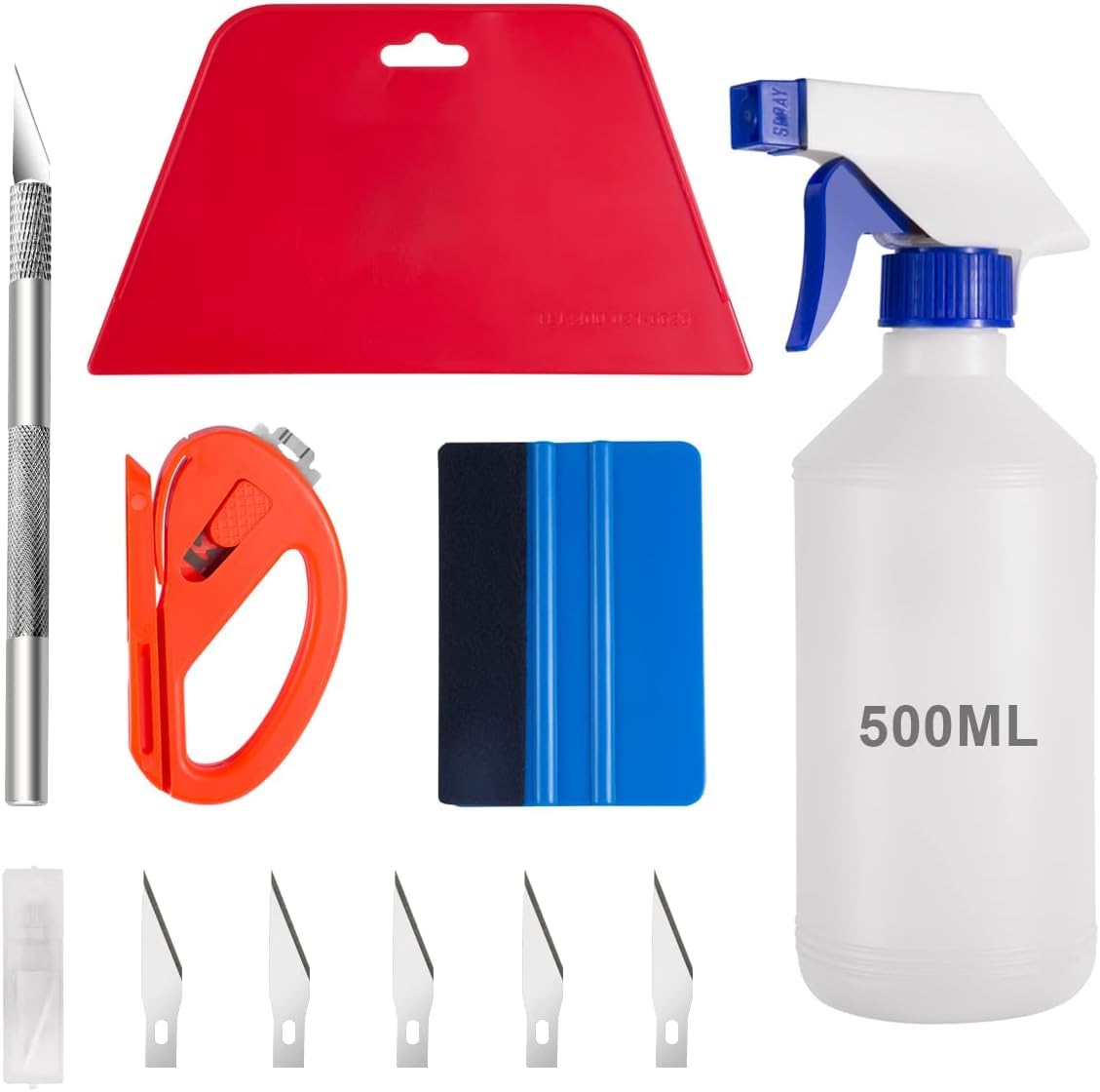 Excefore Car Wrapping Tool Kit, Vehicle Vinyl Wrap Installation Tool for Window Tint Film Application Wallpaper Smoothing Kit Including Metal Knife+5 Blades, Felt Squeegee, Safety Cutter, Spray Bottle