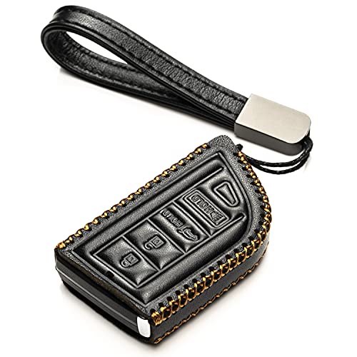 Image of Genuine Leather Smart Key Fob Case with Leather Key Strap Compatible for Acura MDX, RDX, ADX, TLX, INTEGRA - 4-Button, Black