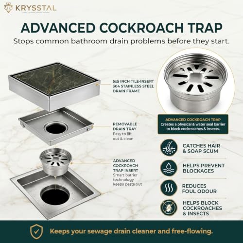 Image of KRYSSTAL 5x5 Inches Square Tile Drainer | Bathroom Drain Cover with Advanced Cockroach Trap | 1mm 304 Grade Stainless Steel Tile Insert Floor Drain Jali with Anti-Odour Floor Trap for 13mm Tiles