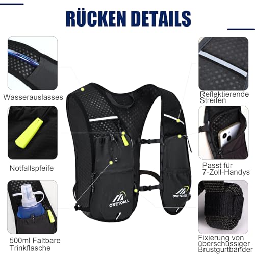 ONETOALL Laufweste Damen mit Trinkflasche 500ml, Leichter Trinkrucksack Laufen Herren 6L, Running Vest Laufrucksack Reflektierend für Jogging, Trailrunning, Fahrrad, Marathon, Motorrad, nur 150g