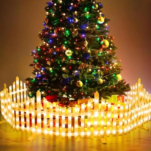 5 Pack Led Christmas Tree Fence, 15x11.8inch Lighted Christmas Tree Fences, White Plastic Edgings Picket Decorative Fence IP65 Waterproof for Landscape Patio Yard Path Home Xmas (Warm White)