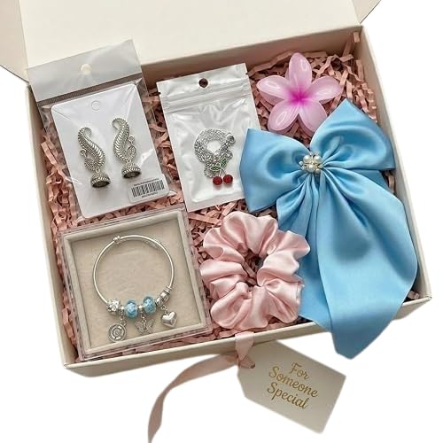 Image of Miss Chanda's Women's Gift Hamper for Girls & Women | Necklace, Charm Bracelet, Jhumka Earrings, Satin Scrunchie & Hair Bow, Decorative Flower, Birthday Gift Box | Random Colors & Desings for Surprise