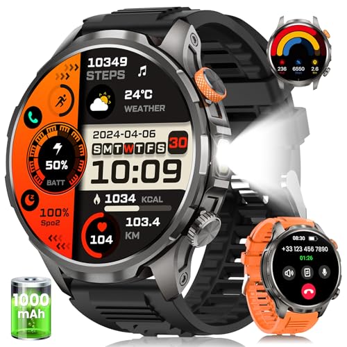 Smartwatch Herren mit 1000mAh Akku/LED Taschenlampen, 1.91\" AMOLED 5ATM Smartwatch Militär Fitness Tracker mit Telefonfunktion, 113 Sportmodi Sportuhr/24/7 Herzfrequenz/Schlafmonitor/SpO2/iOS Android Smartwatch Herren mit 1000mAh Akku/LED Taschenlampen, 1.91\" AMOLED 5ATM Smartwatch Militär Fitness Tracker mit Telefonfunktion, 113 Sportmodi Sportuhr/24/7 Herzfrequenz/Schlafmonitor/SpO2/iOS Android