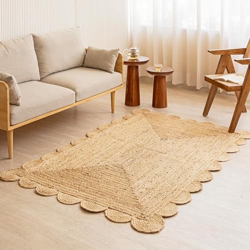 HOMEMONDE Natural Jute Rug 4x6 ft Scalloped Braided Hand Woven