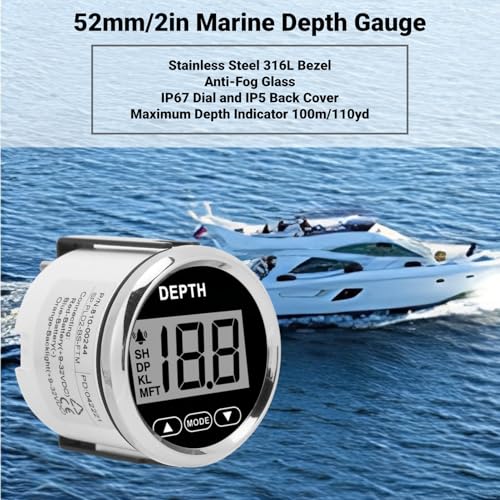 Image of Digital Boat Depth Finder, 52mm /2in Marine Depth Gauge, Depth Sounder Dash Depth Finder Transducer with White Backlight for Yachts Boats Marine