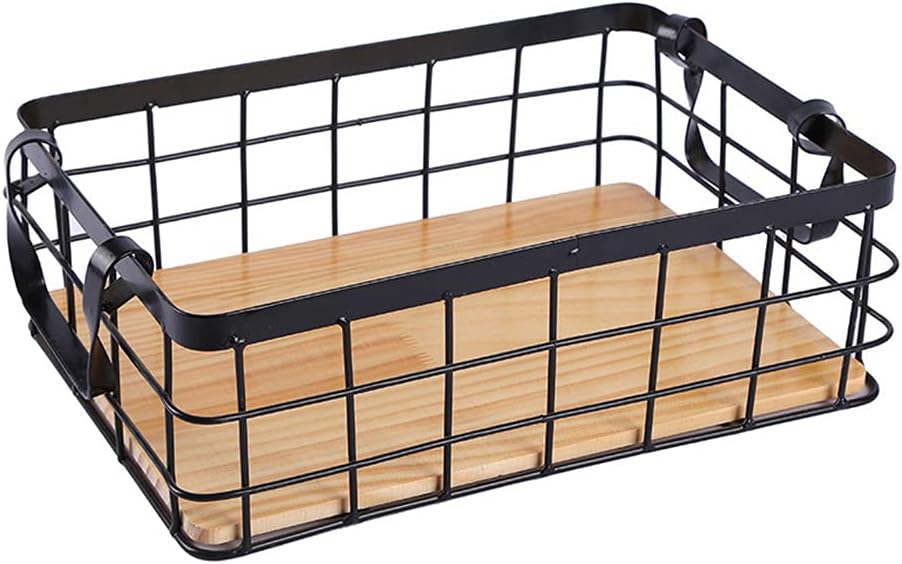 Cabilock Black Storage Baskets Metal Wire Storage Basket Wooden Base